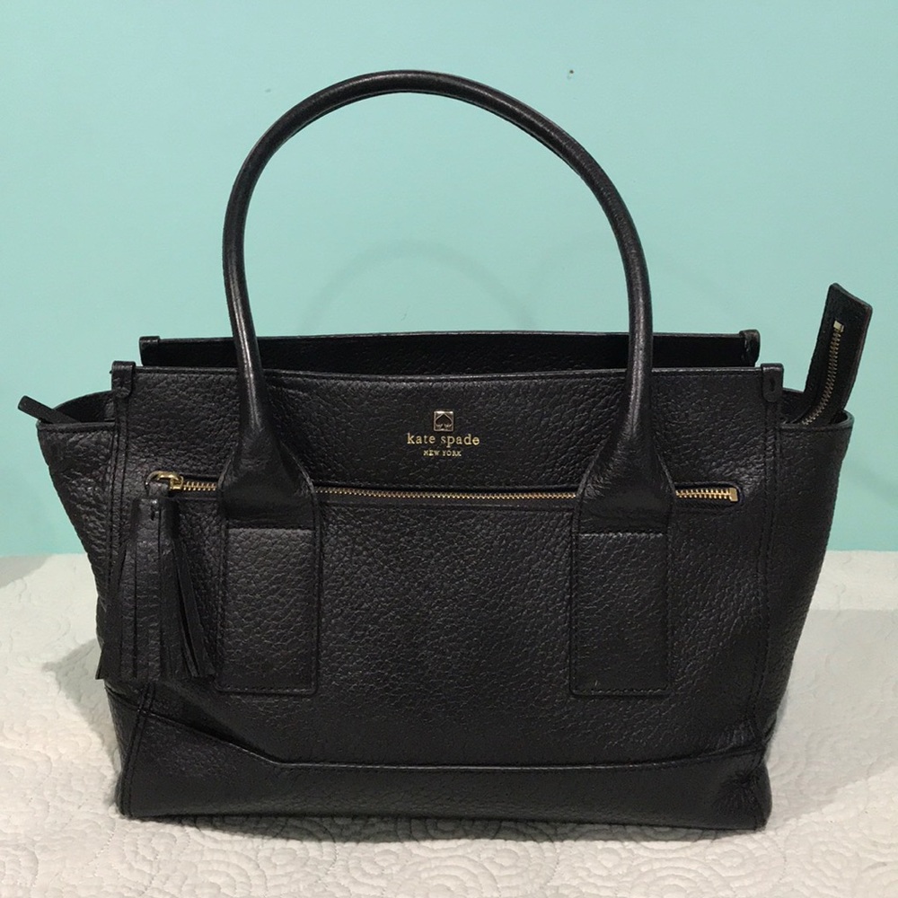 Kate spade black leather tote with zipper, large